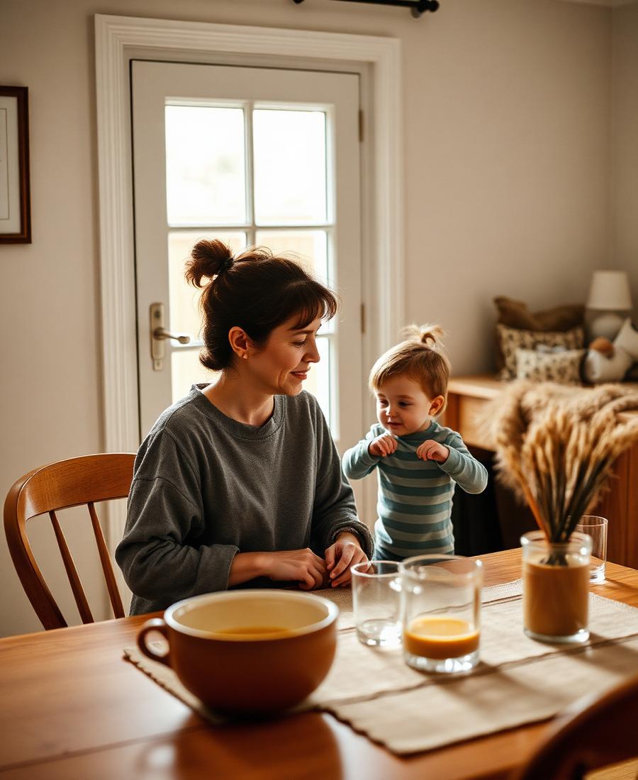 A family kitchen table mid-morning with breakfast and school bags