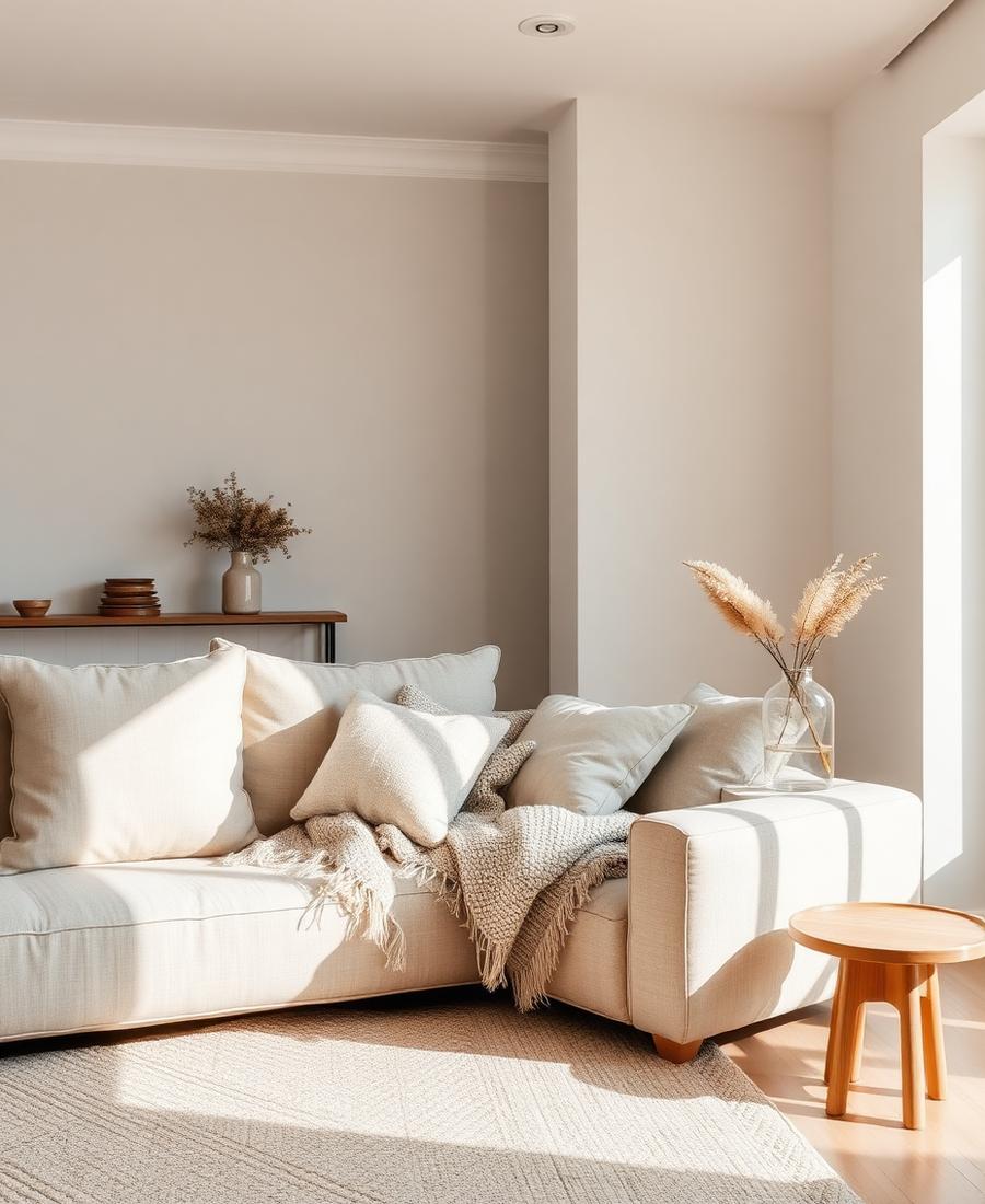 A sunlit living room with linen upholstery and a warm wooden table