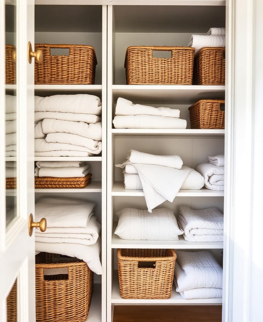 An orderly pantry shelf with woven baskets and labelled jars
