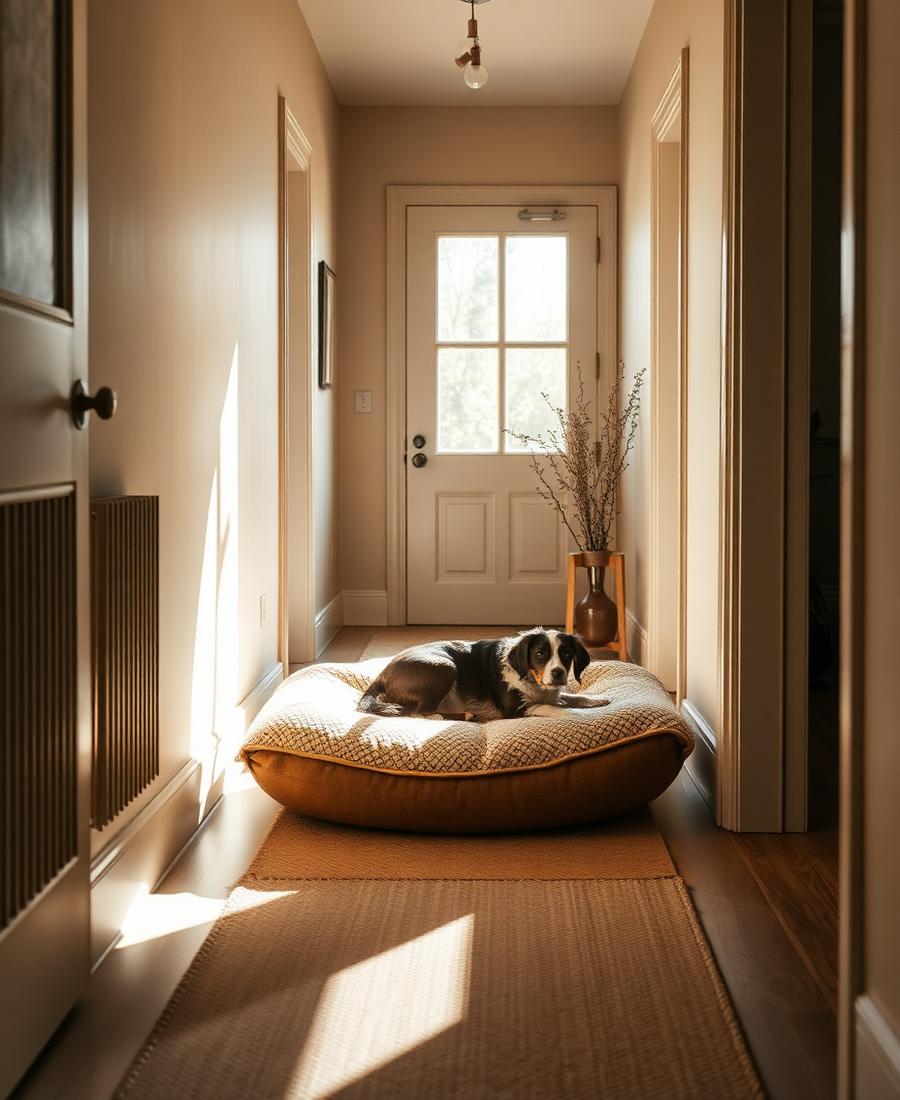 A dog resting on a washable bed beside a sunlit doorway