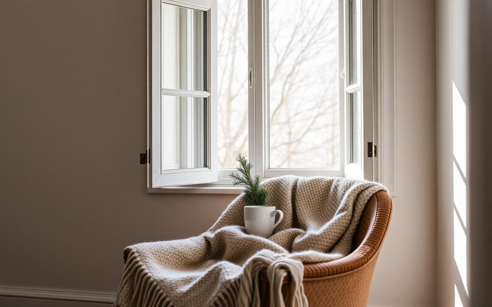 A wool blanket and warm mug beside an open window
